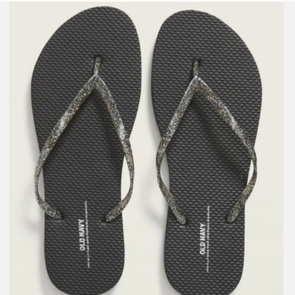 SPARKLE Old Navy Flip Flops Shoes Pool Slippers Black Glitter Charcol 8M NEW NWT - Picture 2 of 5